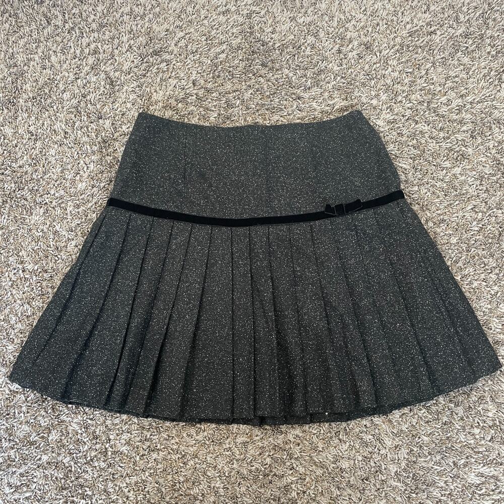 Y2K Mini Skirt Size 10 Grey Tweed Pleated Ribbon Bow Academia Twee Fairy Grunge
